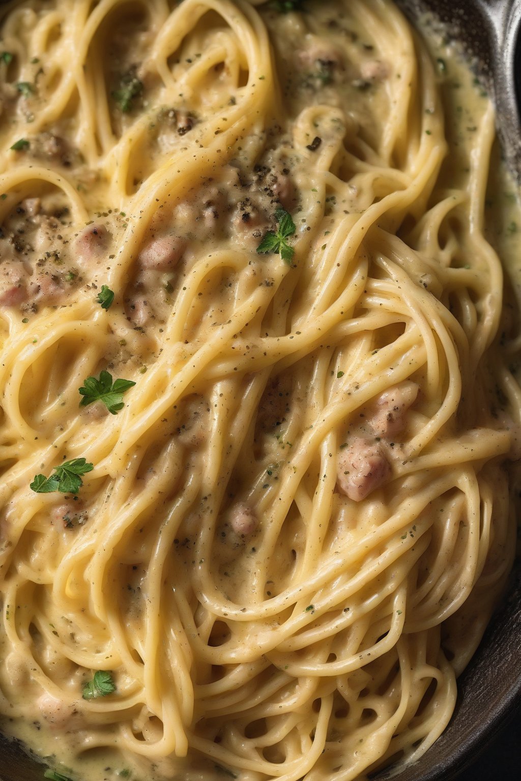 A high-resolution photo of steaming classic Roman carbonara with golden egg sauce clinging to twirled spaghetti, topped with cracked pepper, under soft lighting.