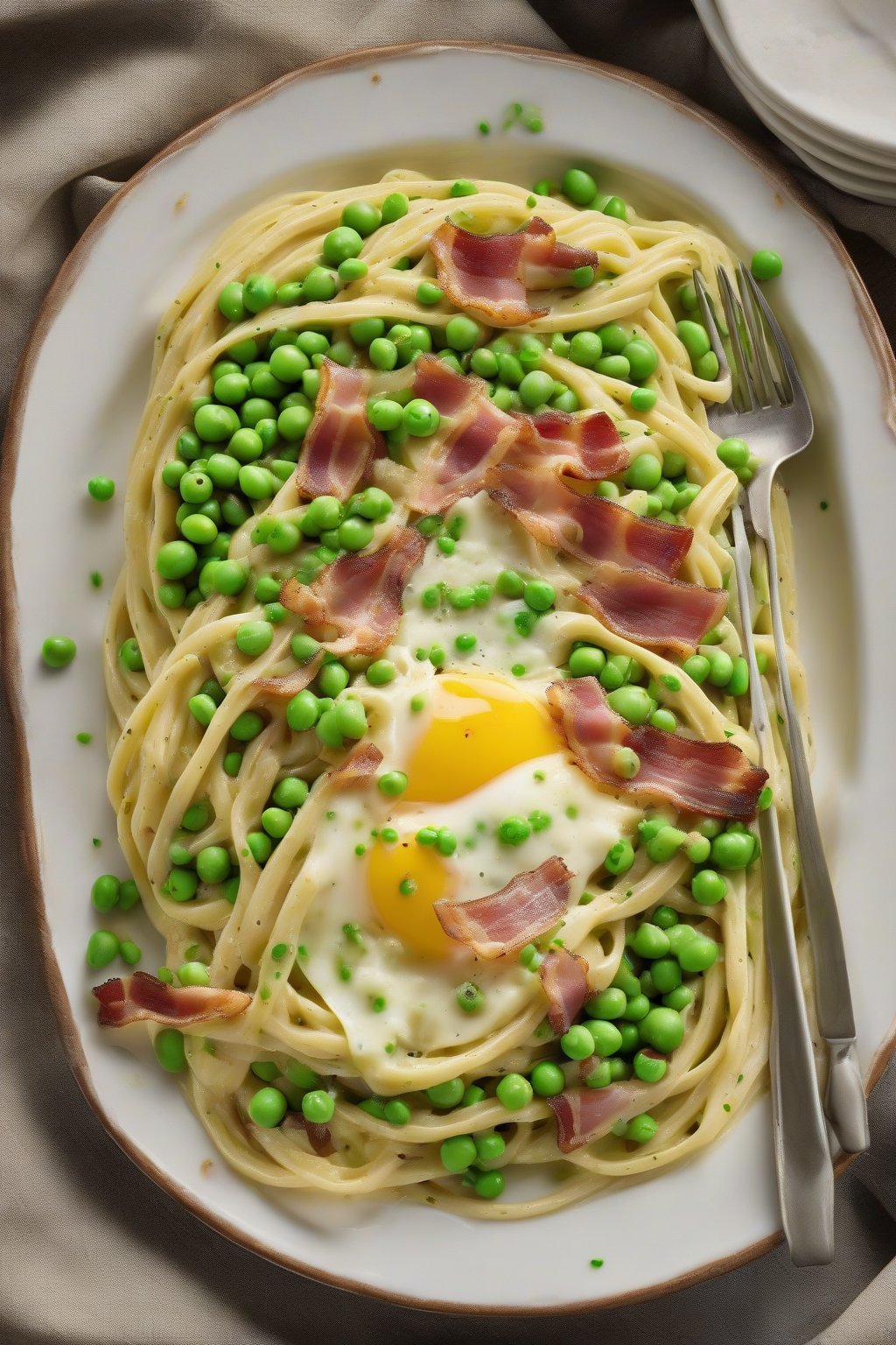 A high-resolution photo of bacon and pea carbonara with vibrant green peas dotting creamy egg-coated linguine, garnished with cheese shavings, under soft lighting.