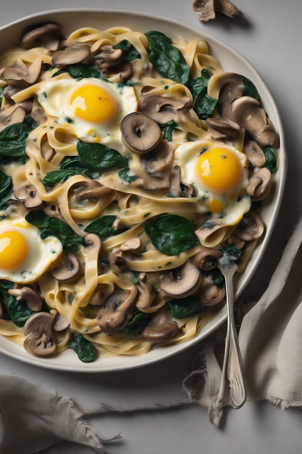 A high-resolution photo of mushroom and spinach carbonara featuring glossy egg sauce over earthy mushrooms and dark green spinach on fettuccine, under soft lighting.