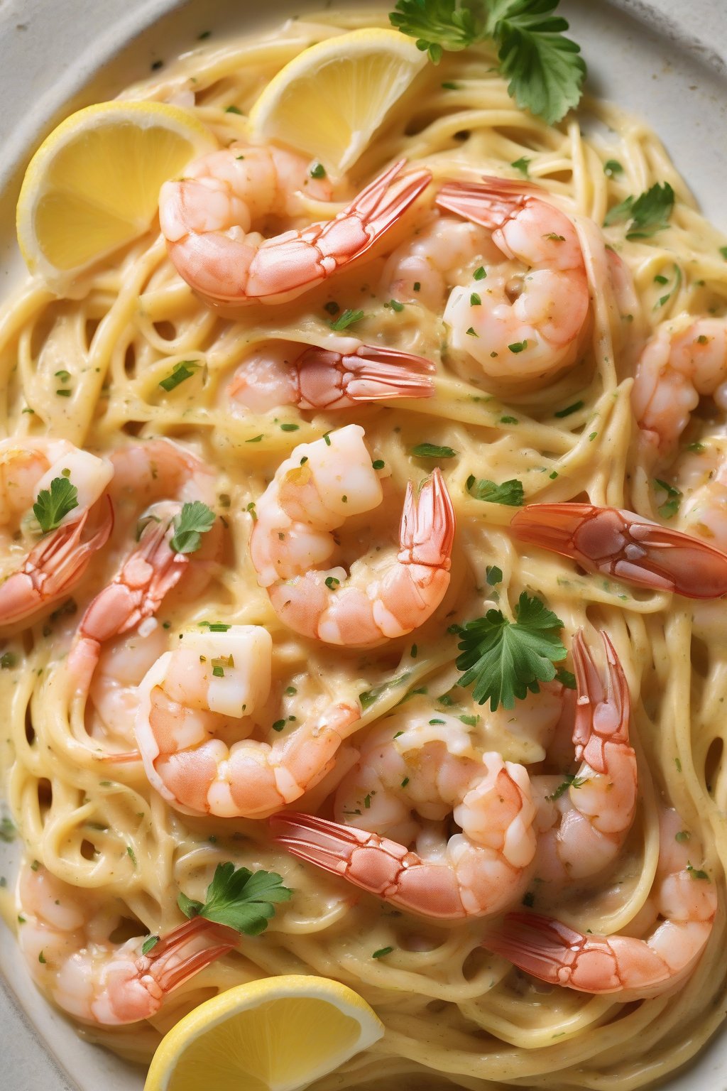 A high-resolution photo of shrimp and lemon carbonara with pink shrimp nestled in sunny egg sauce on bucatini, lemon zest scattered on top, under soft lighting.