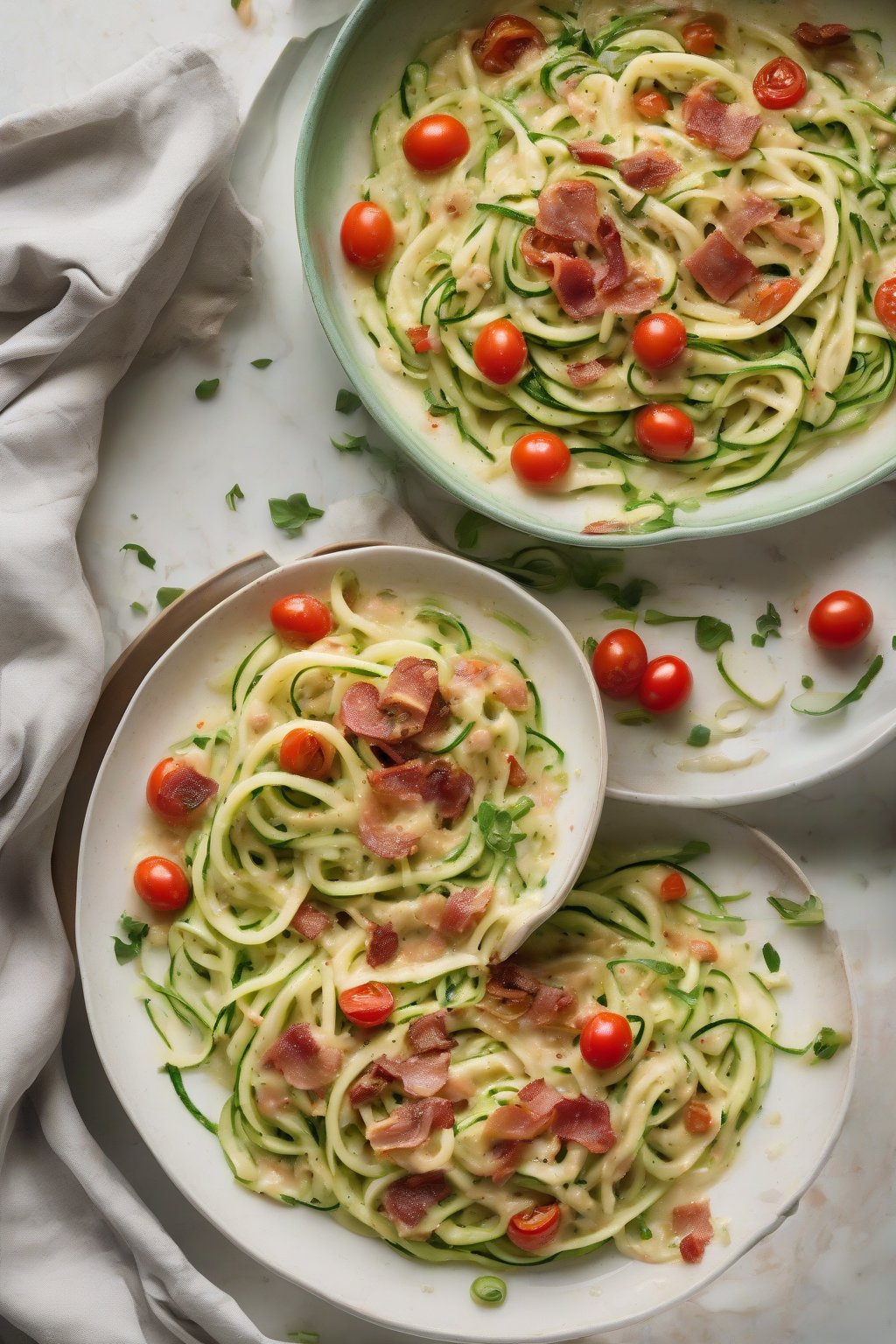 A high-resolution photo of zucchini noodle carbonara with pale green zoodles coated in rich egg sauce and pancetta bits, tomatoes adding pops of red, under soft lighting.