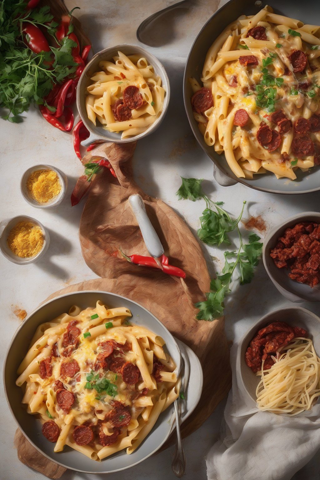 A high-resolution photo of spicy chorizo carbonara with red chorizo slices in fiery egg sauce over penne, chili flakes visible, under soft lighting.
