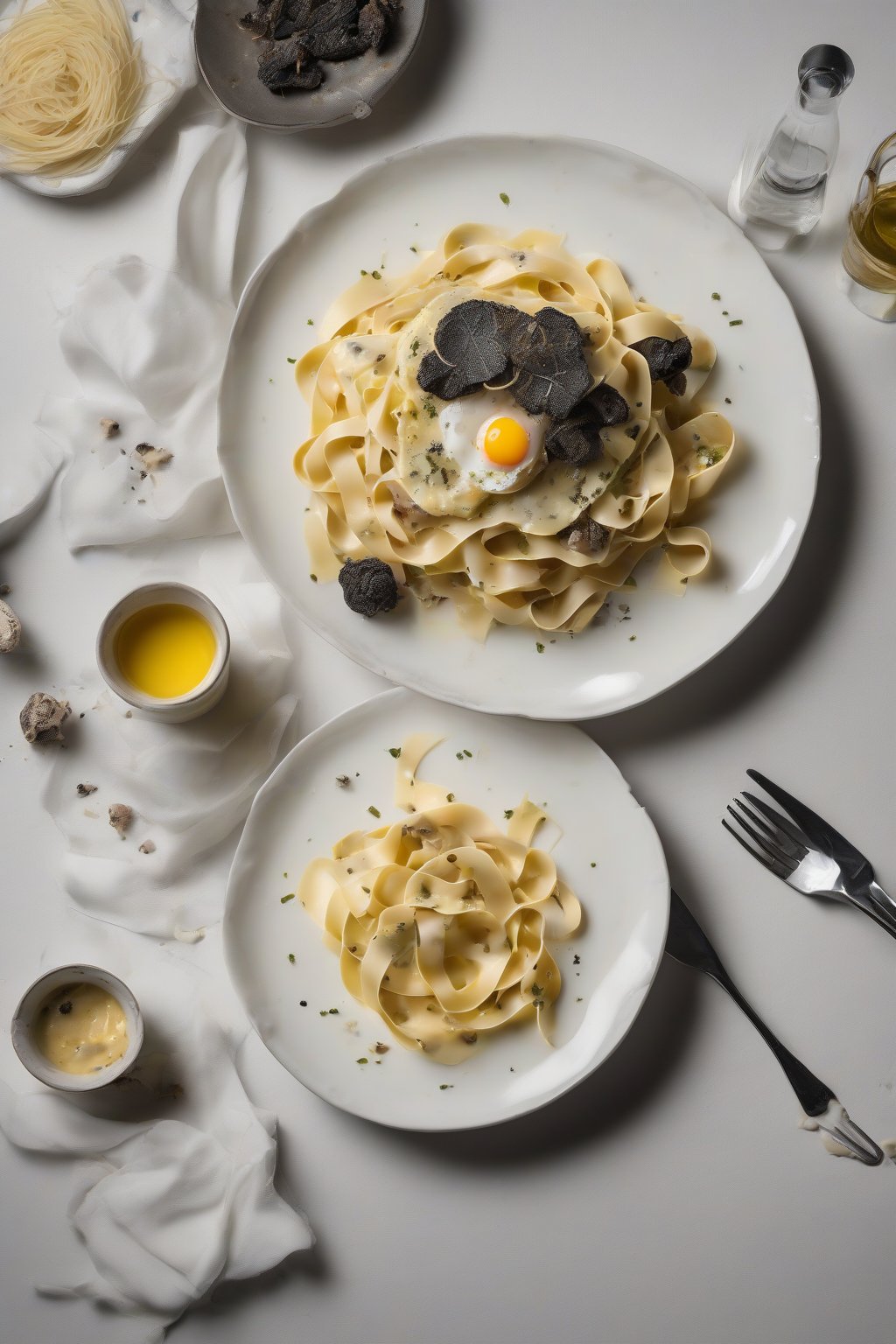 A high-resolution photo of truffle carbonara with silky egg sauce on tagliatelle, guanciale crisps, and shaved black truffle, drizzled with oil, under soft lighting.