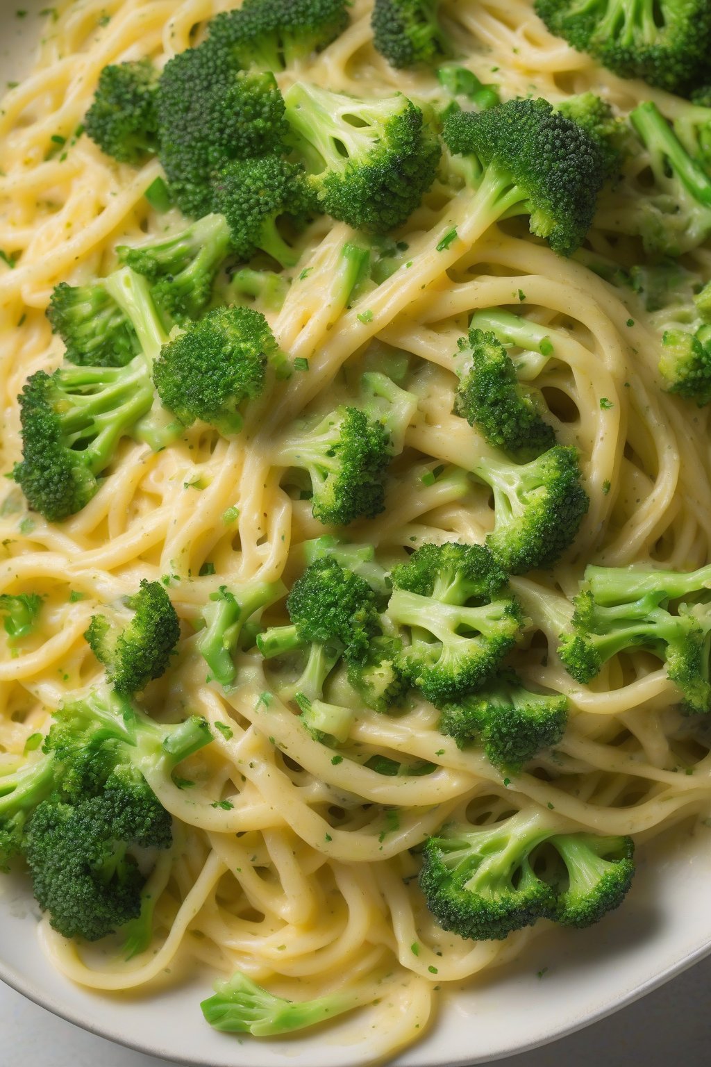 A high-resolution photo of broccoli and lemon carbonara showing bright green florets in creamy egg sauce on spaghetti, lemon twists, under soft lighting.