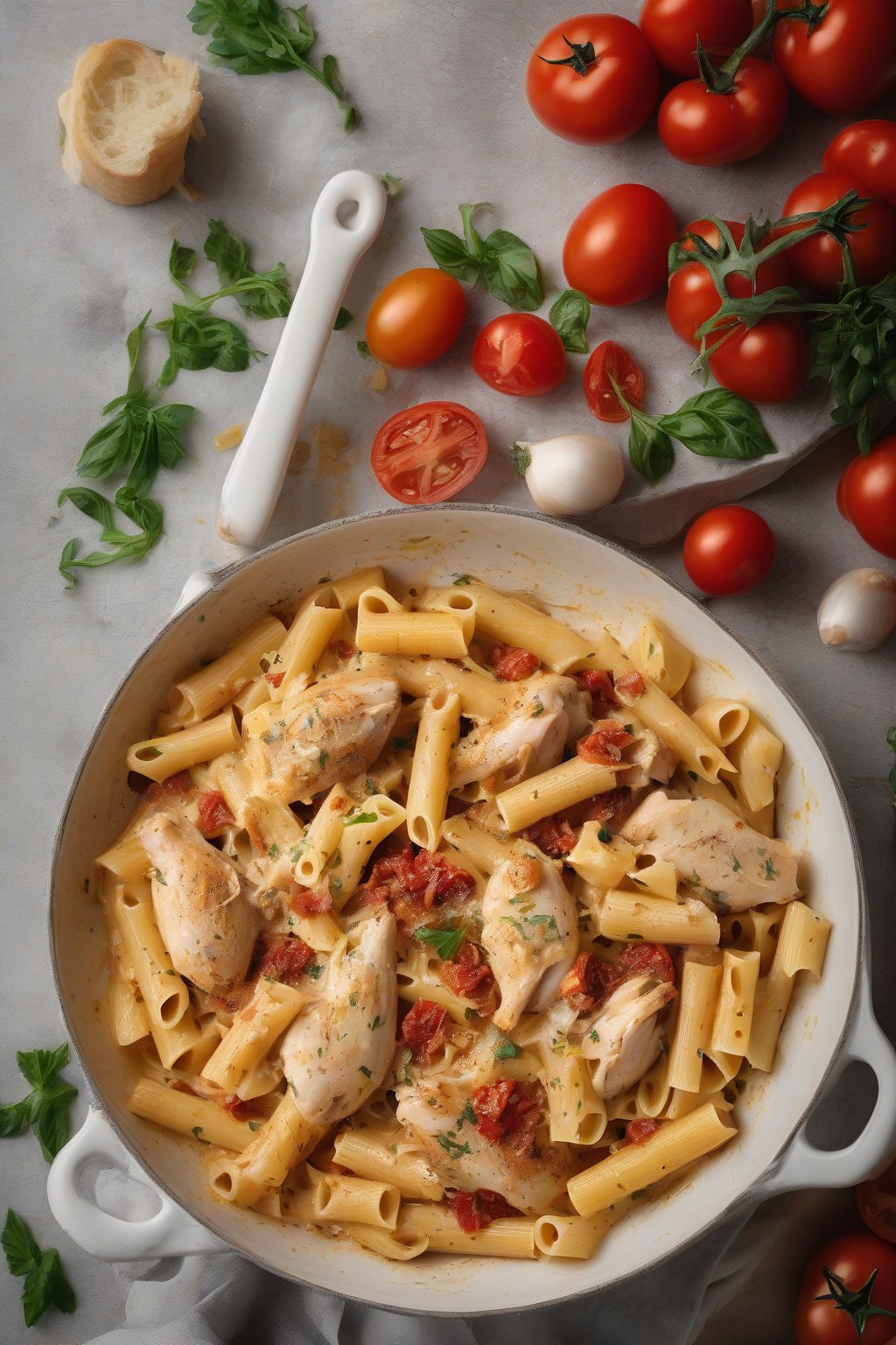A high-resolution photo of chicken and sundried tomato carbonara with golden chicken chunks and red tomatoes in eggy rigatoni, under soft lighting.