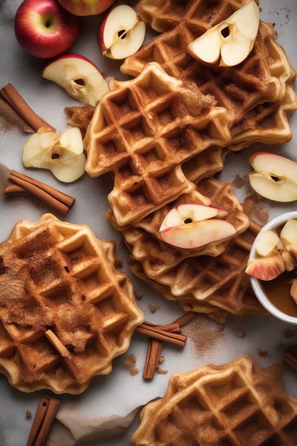 A high-resolution photo of apple cinnamon crispy waffles with apple chunks and cinnamon dust, under soft lighting.