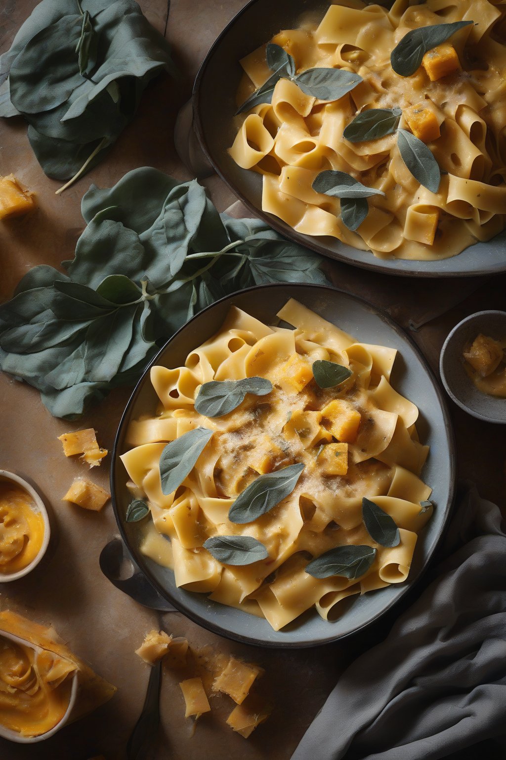 A high-resolution photo of roasted pumpkin carbonara featuring orange pumpkin cubes in velvety egg sauce over wide pappardelle, sage leaves, under soft lighting.