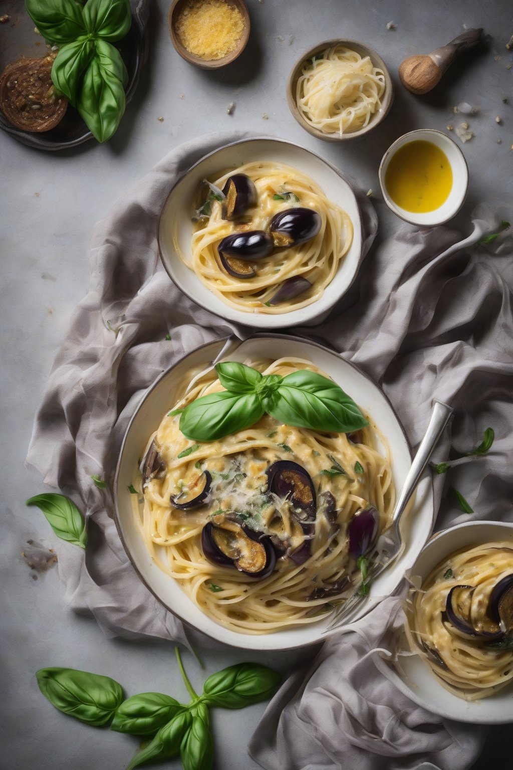 A high-resolution photo of eggplant and basil carbonara with charred eggplant pieces in glossy egg sauce on spaghetti, fresh basil garnish, under soft lighting.