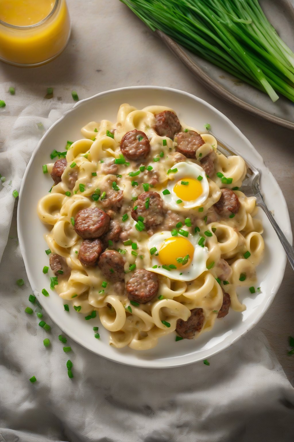 A high-resolution photo of breakfast sausage carbonara with crumbled sausage in sweet-savory egg sauce on orecchiette, green onions and maple drizzle, under soft lighting.