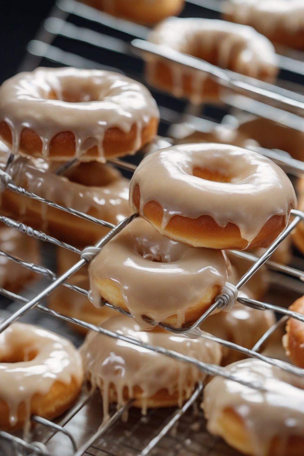 A close-up photo of golden classic glazed yeast donuts stacked on a wire rack, glistening with shiny glaze under soft lighting.