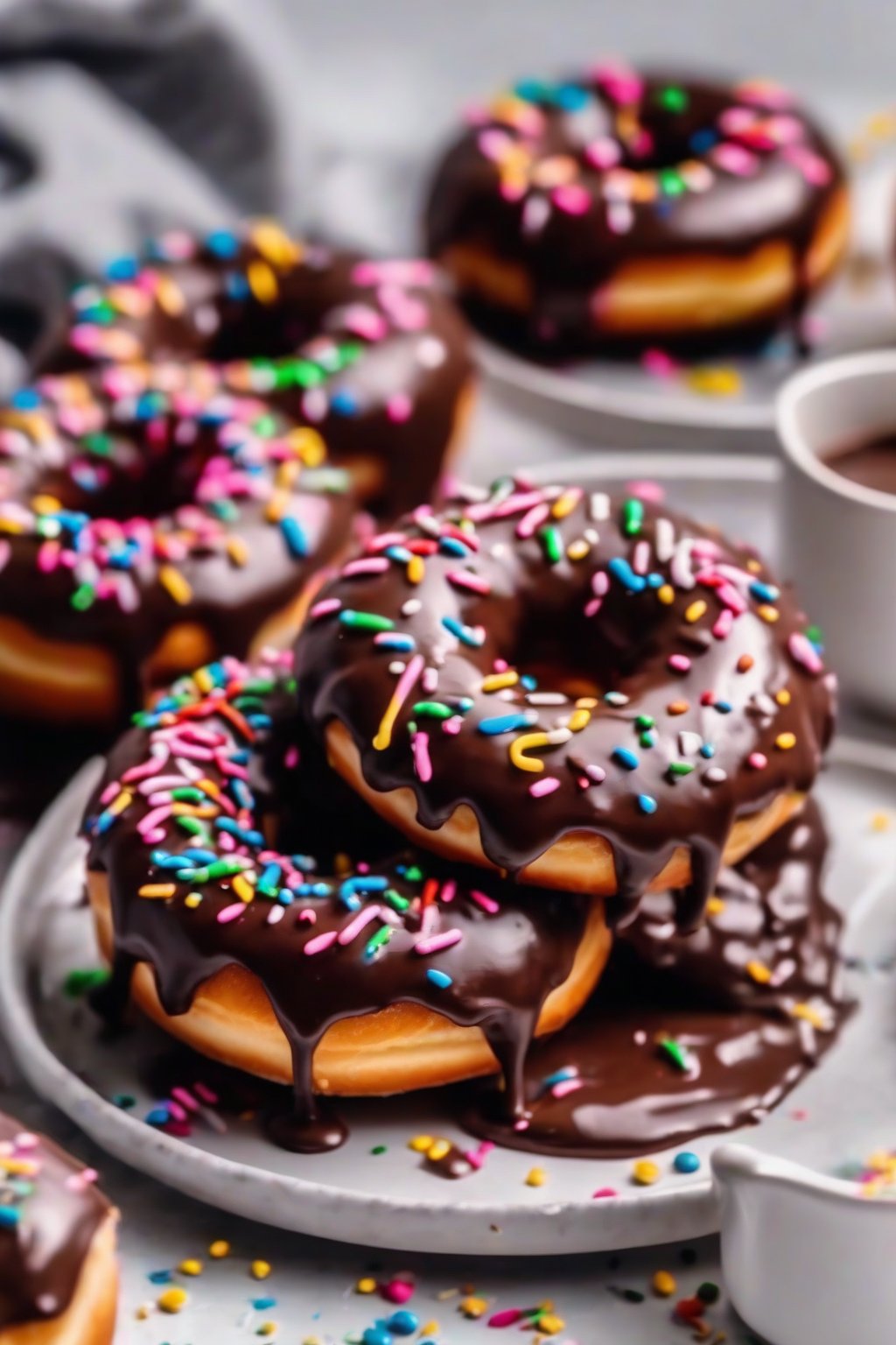A close-up photo of fluffy chocolate frosted donuts with drippy ganache and sprinkles on a white plate under soft lighting.