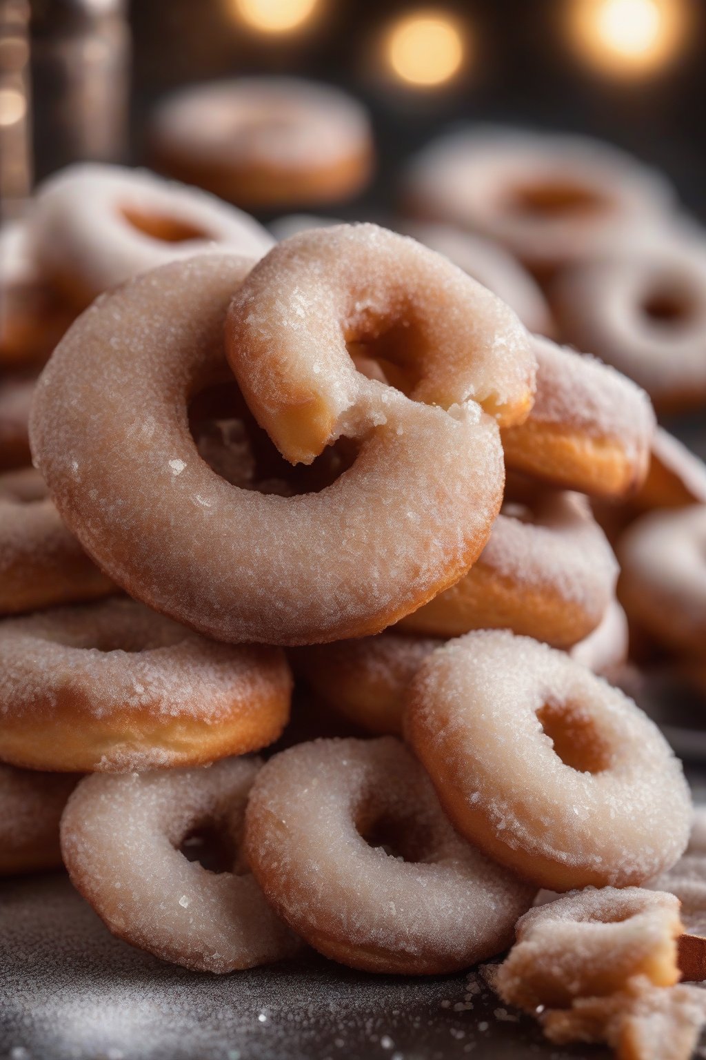A close-up photo of warm cinnamon sugar donuts piled high, sugar crystals sparkling under soft lighting.