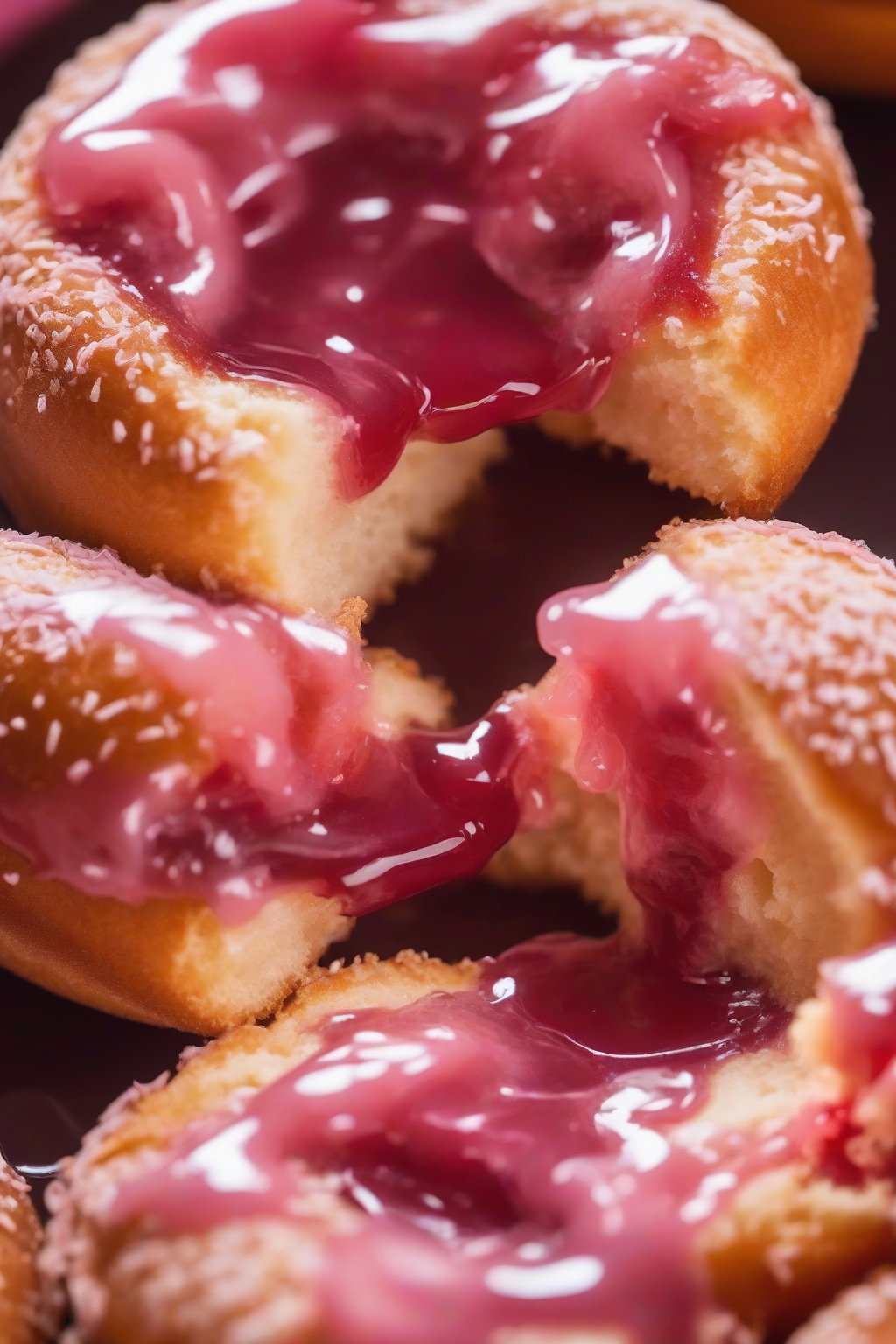 A close-up photo of a strawberry jelly-filled donut sliced open, pink jam oozing out under soft lighting.