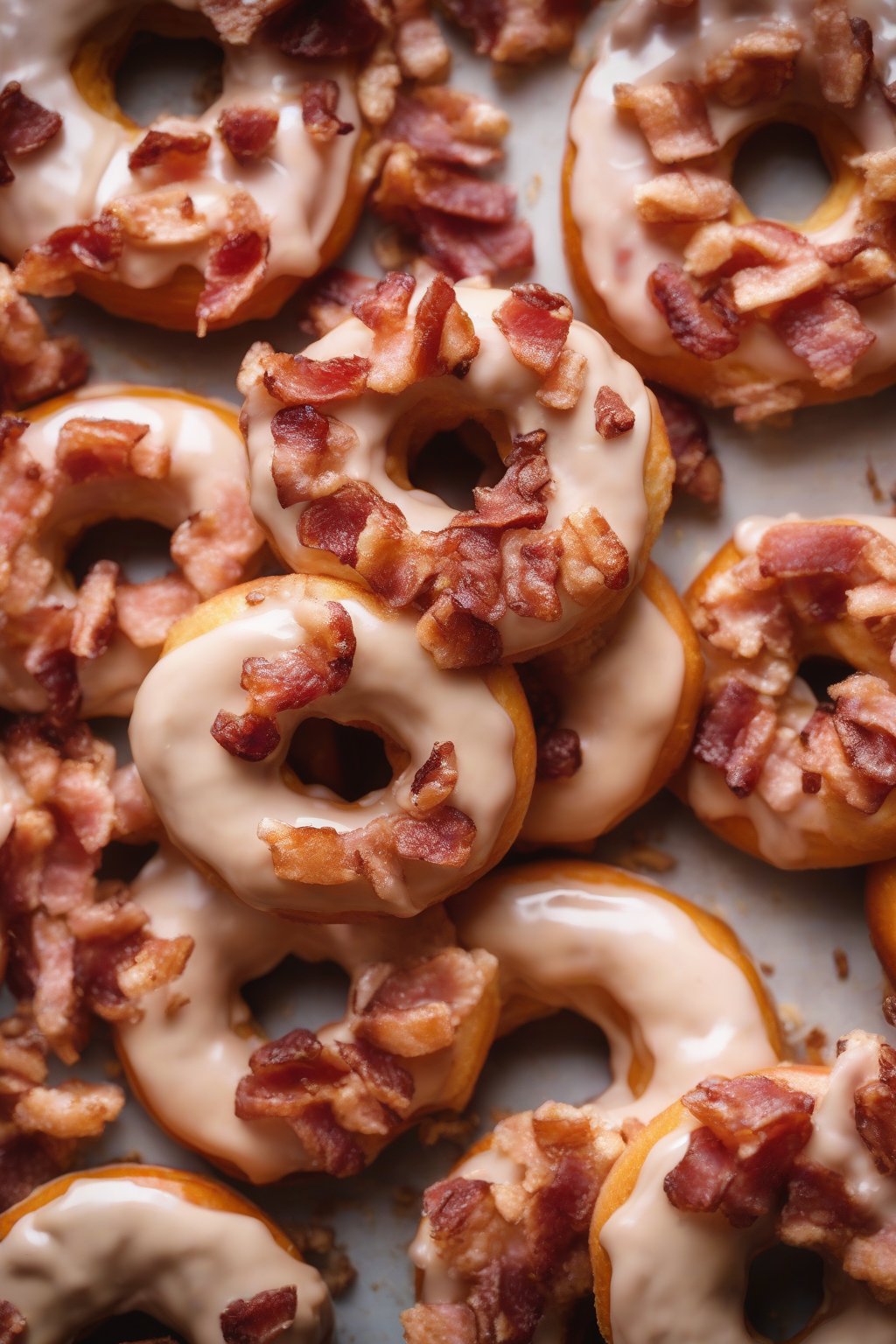 A close-up photo of maple-glazed donuts topped with crumbled bacon under soft lighting.