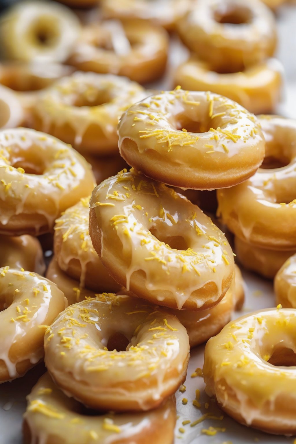 A close-up photo of lemon-glazed donuts with yellow zest flecks, shiny and stacked under soft lighting.