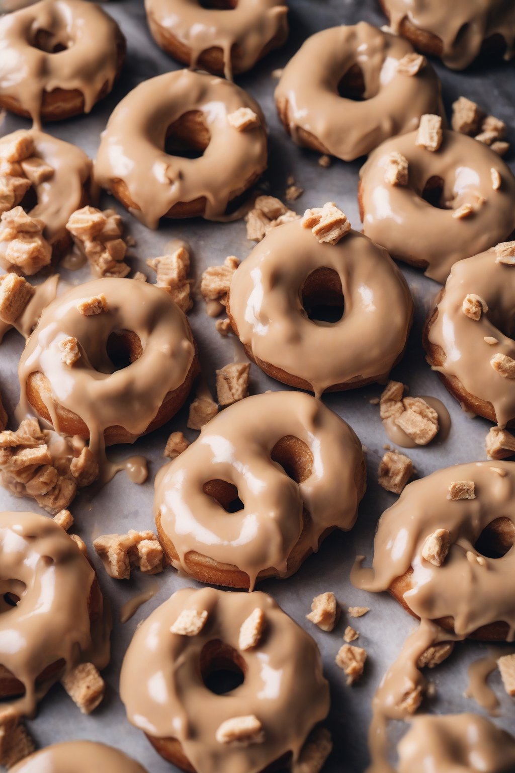 A close-up photo of peanut butter frosted donuts with peanut chunks under soft lighting.