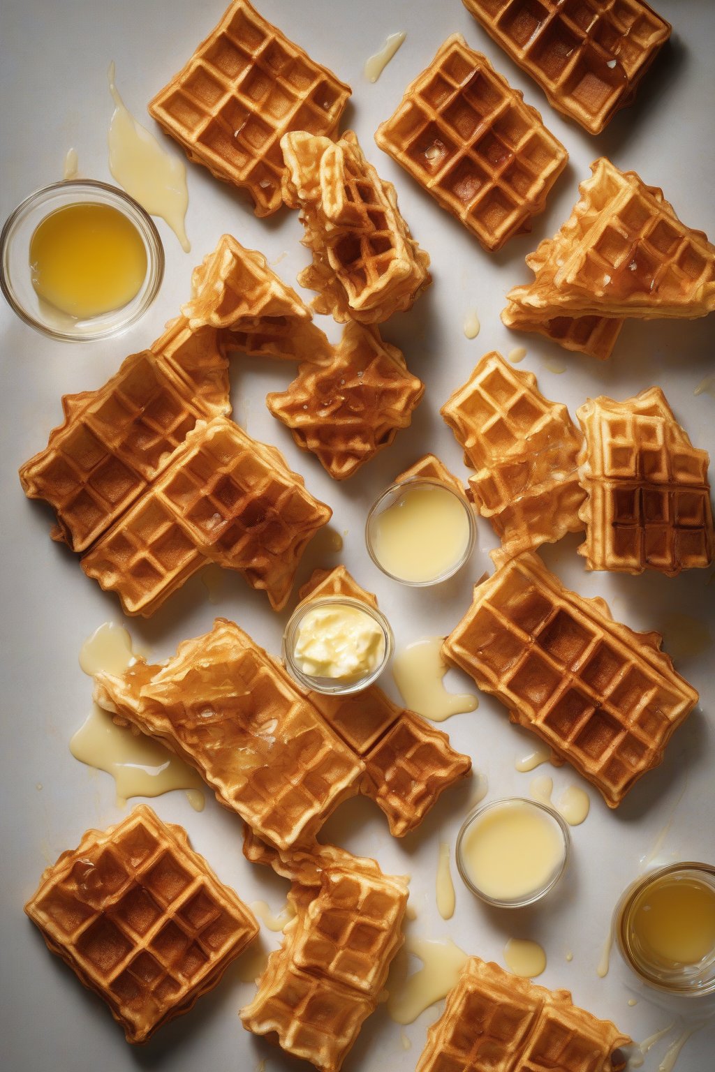 A high-resolution photo of cornmeal crispy waffles golden and textured, topped with butter and syrup, under soft lighting.
