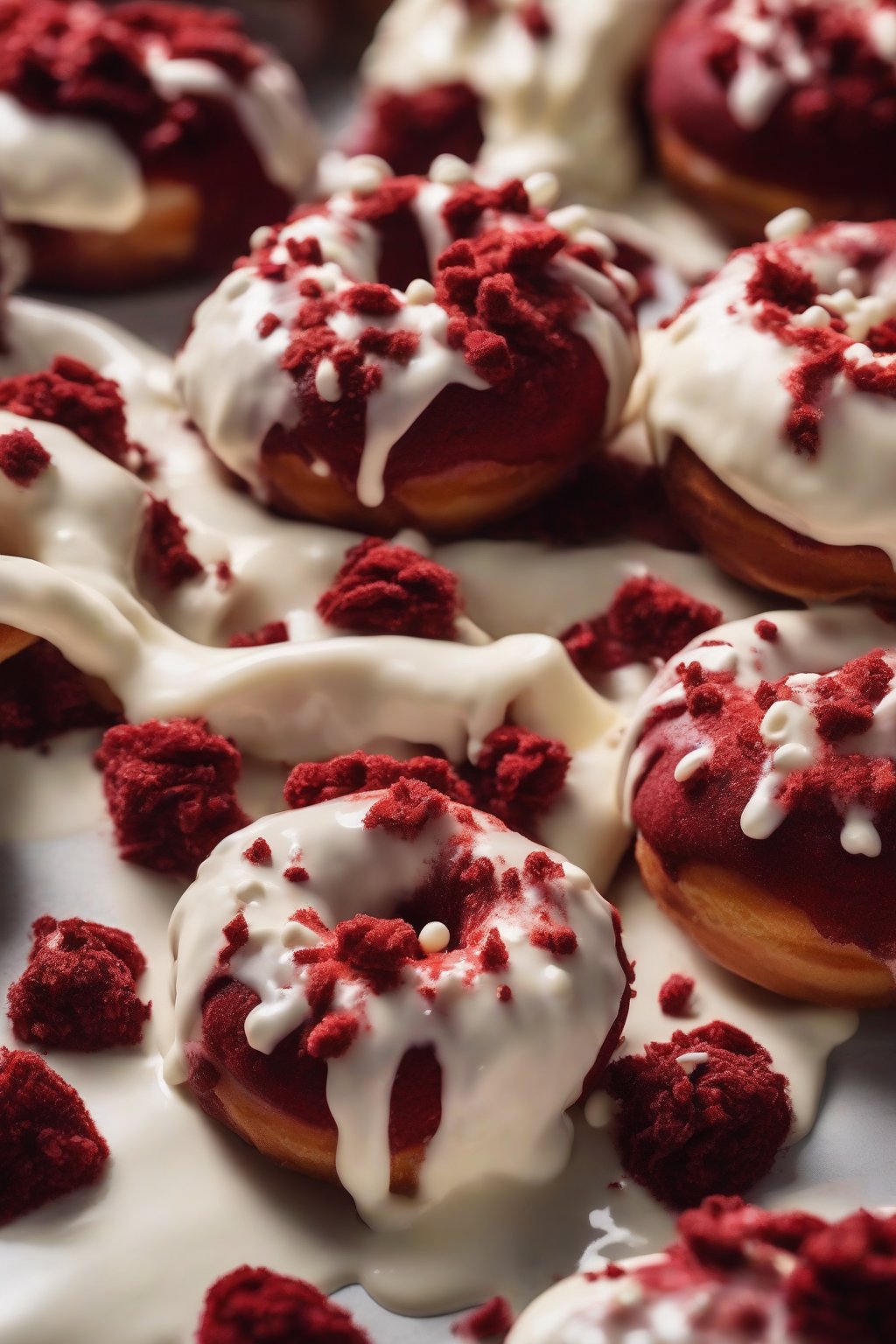 A close-up photo of red velvet donuts with cream cheese icing drips under soft lighting.