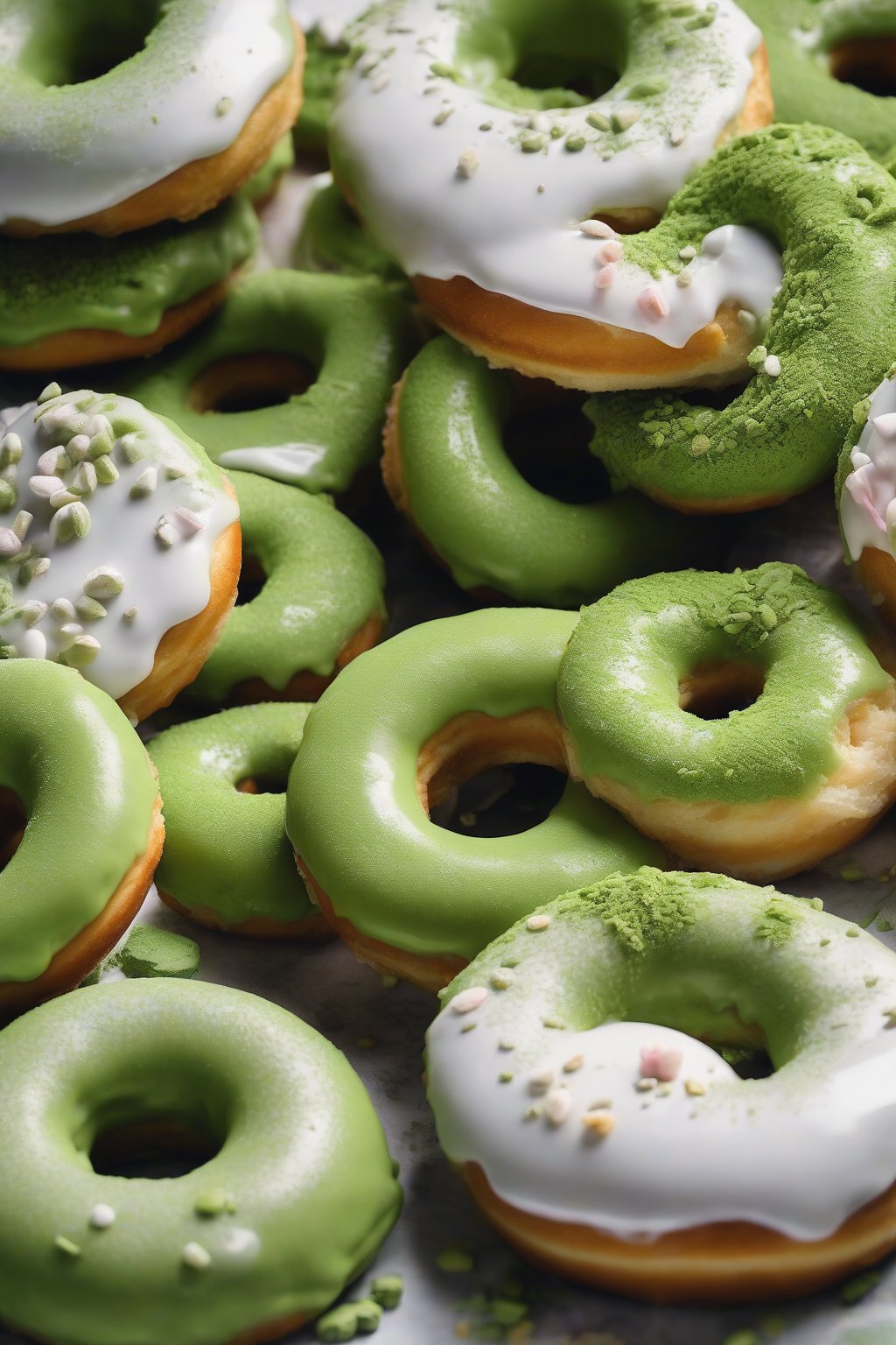 A close-up photo of vibrant green matcha donuts with white glaze under soft lighting.