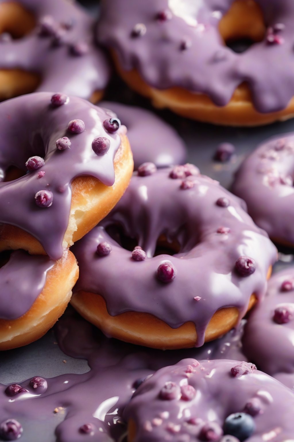A close-up photo of blueberry-filled donuts with purple stains and glaze under soft lighting.