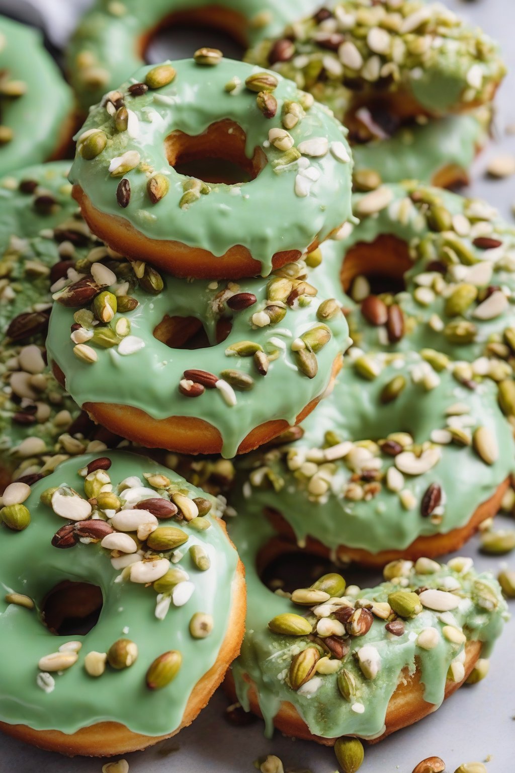 A close-up photo of pistachio donuts with green frosting and chopped nuts under soft lighting.
