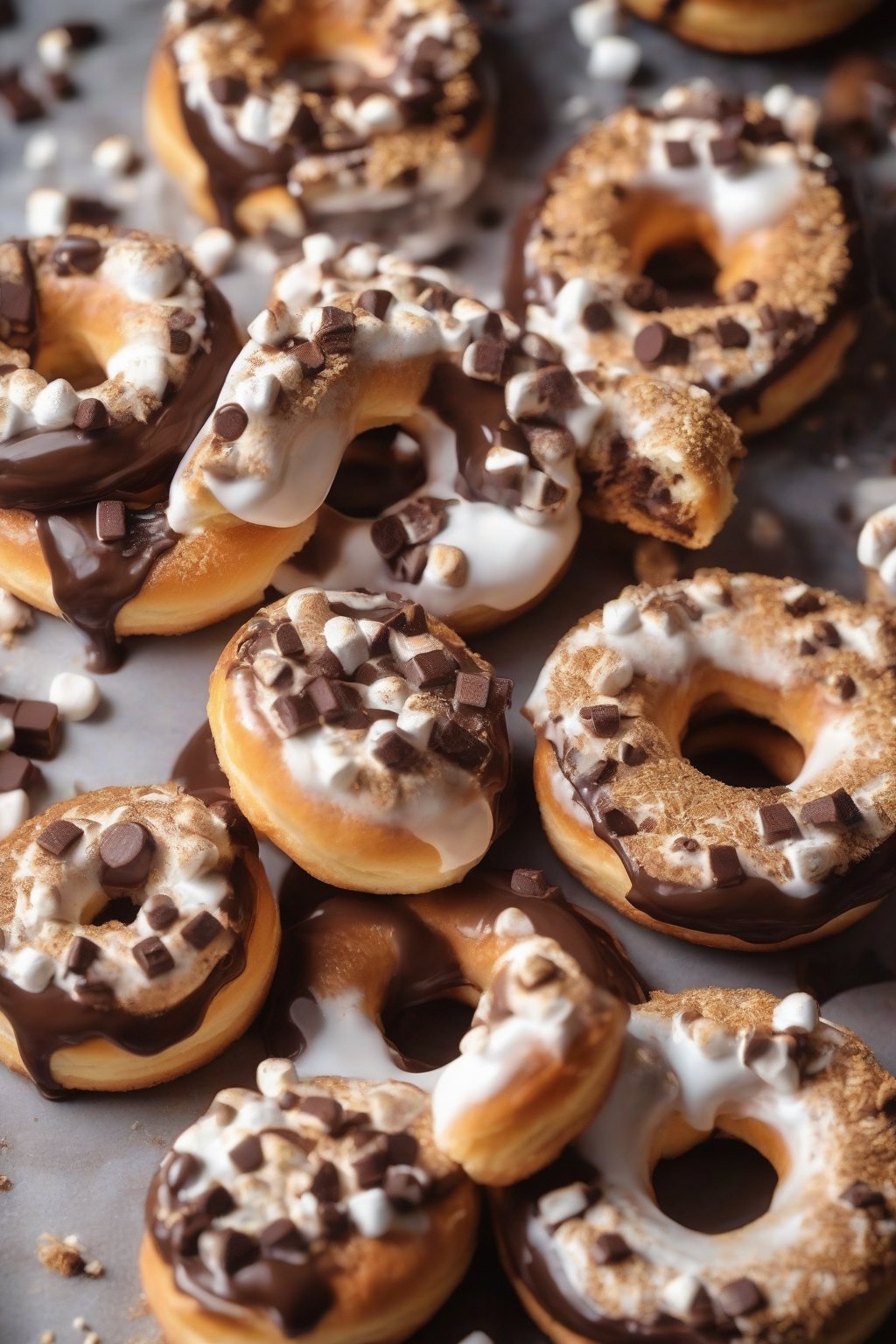 A close-up photo of s'mores donuts with toasted marshmallows and chocolate under soft lighting.