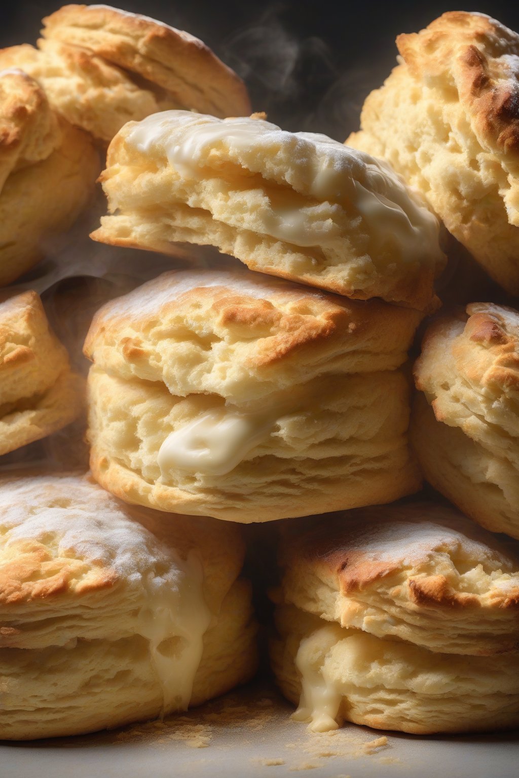 A high-resolution photo of golden, flaky buttermilk biscuits split open with steam rising, revealing tall layers, under soft lighting.
