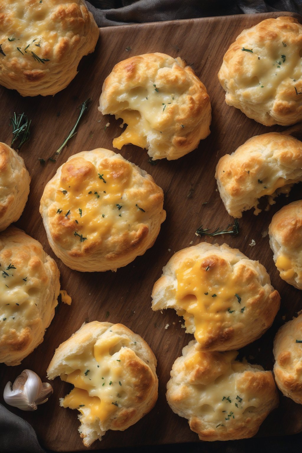 A high-resolution close-up photo of cheesy garlic biscuits brushed with butter, oozing cheddar, stacked on a rustic board under soft lighting.