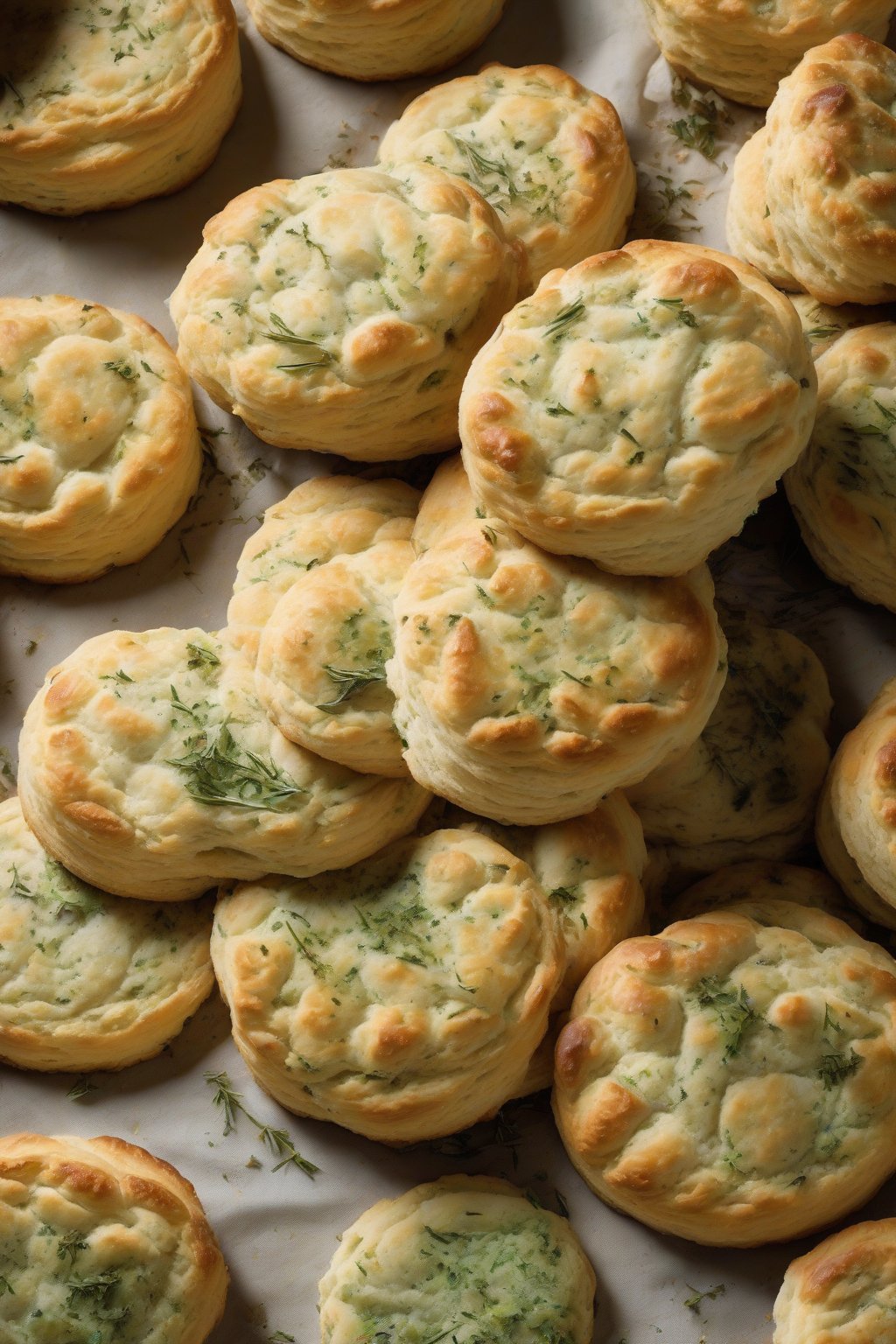 A high-resolution photo of herb-flecked flaky biscuits piled high, with visible green flecks and buttery layers, under soft lighting.