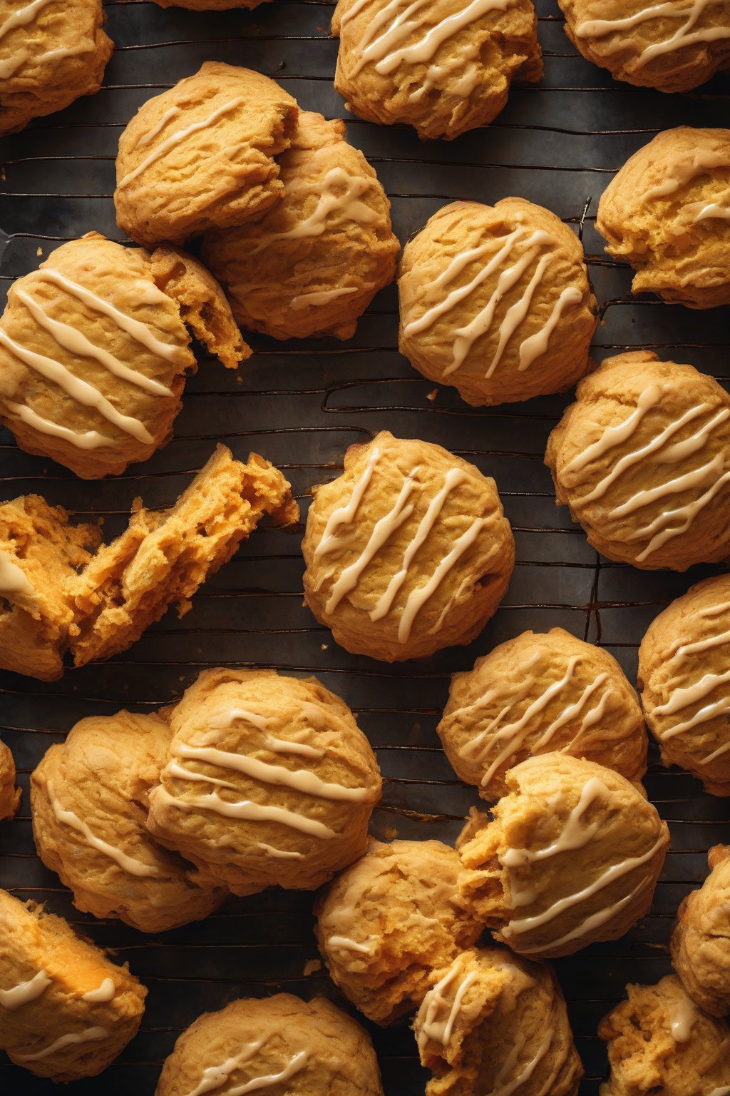 A high-resolution close-up photo of orange-hued sweet potato biscuits, split to show moist flaky interior, drizzled with honey under soft lighting.