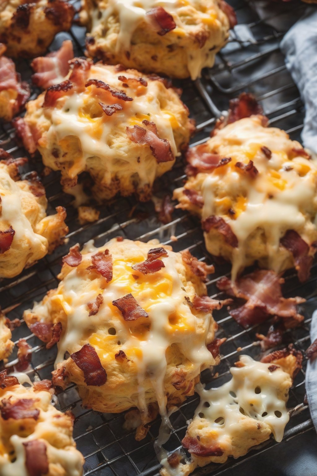 A high-resolution photo of bacon cheddar drop biscuits, studded with crispy bits and melted cheese, on a cooling rack under soft lighting.