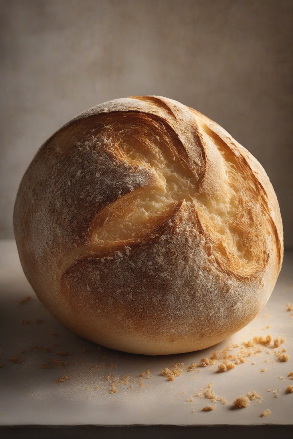 A high-resolution photo of a golden-crusted classic sourdough boule with an airy crumb, steam rising, under soft lighting.