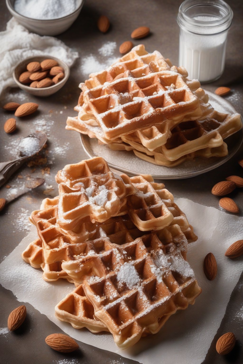 A high-resolution photo of gluten-free almond crispy waffles with almond slices and powdered sugar, under soft lighting.