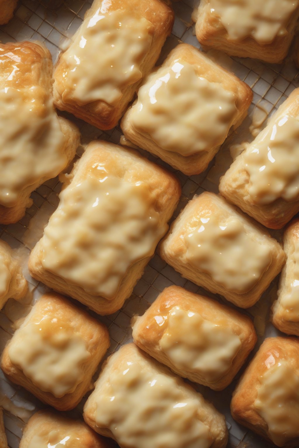 A high-resolution close-up photo of glazed honey butter biscuits, glistening with shine and flaky edges, beside a pat of butter under soft lighting.