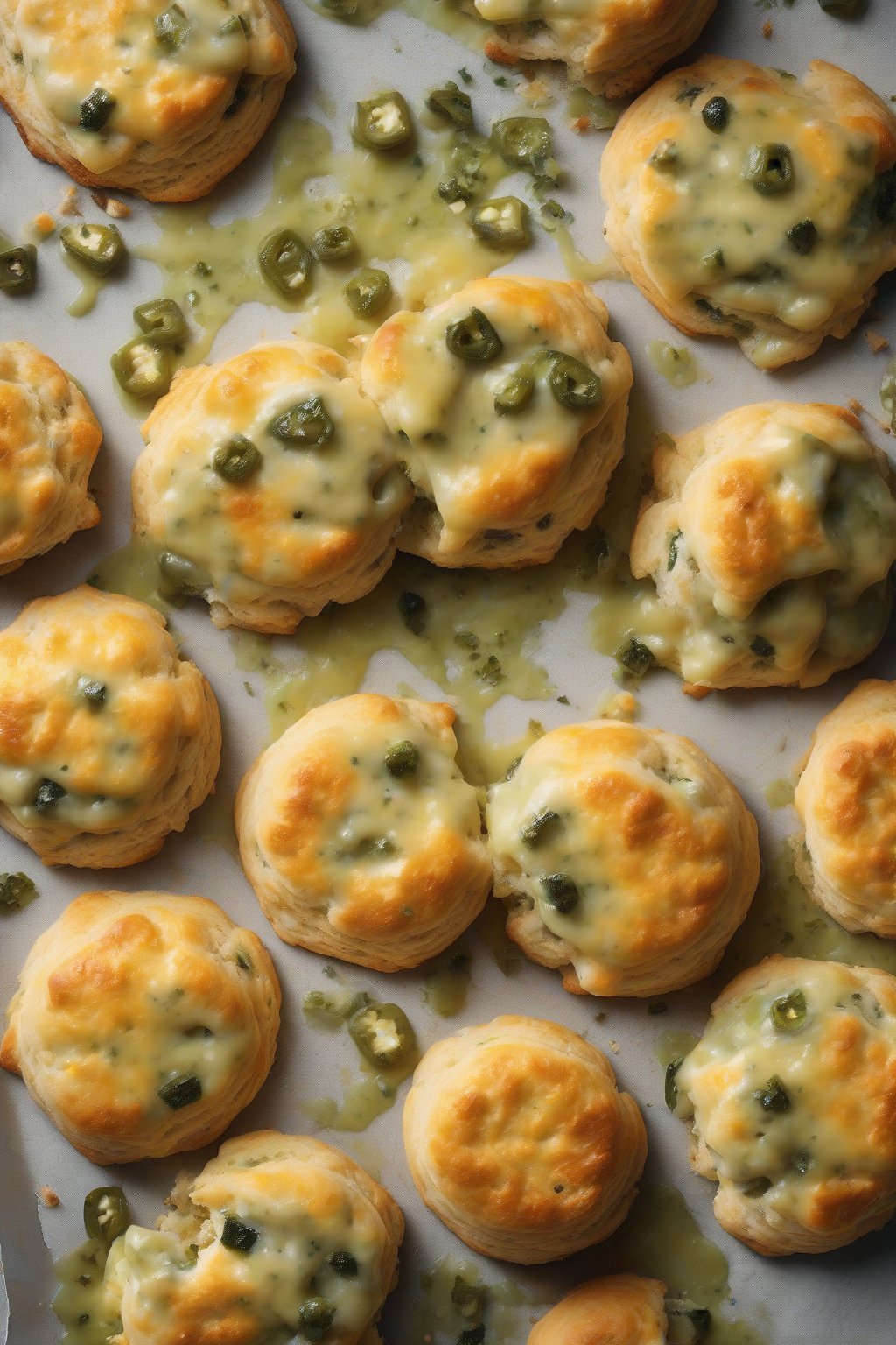 A high-resolution photo of jalapeño cheese biscuits, green flecks and gooey cheese visible in split layers, under soft lighting.