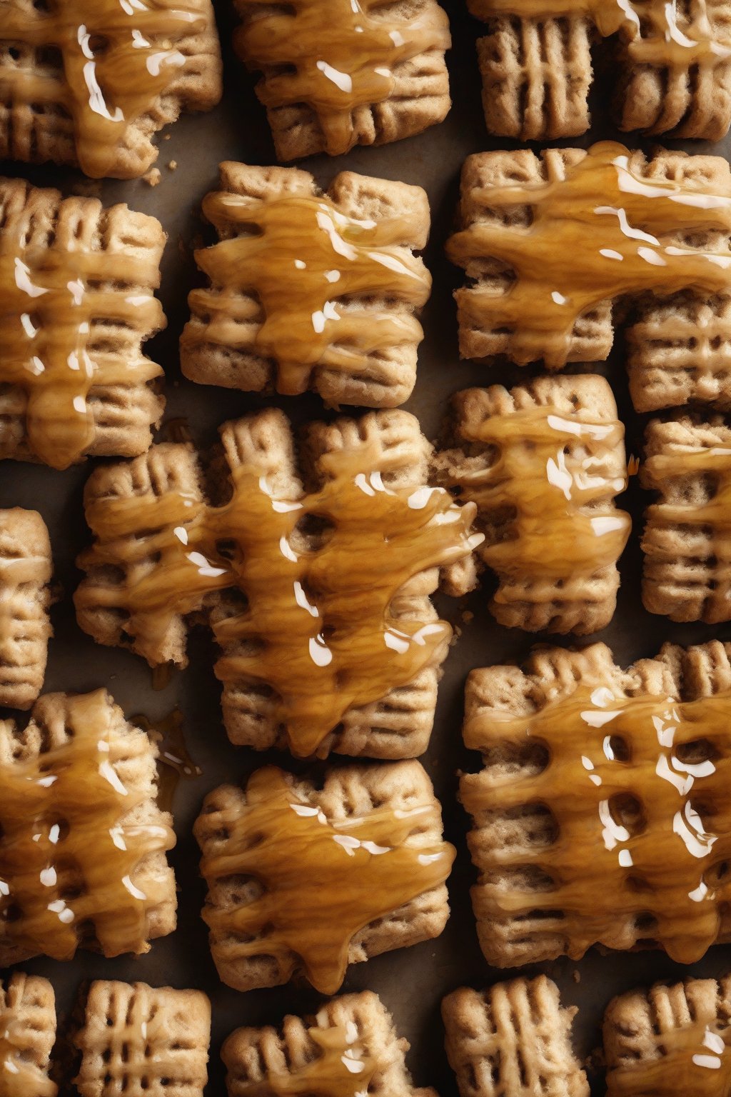 A high-resolution close-up photo of whole wheat biscuits with honey drizzle, showing hearty texture and layers, under soft lighting.
