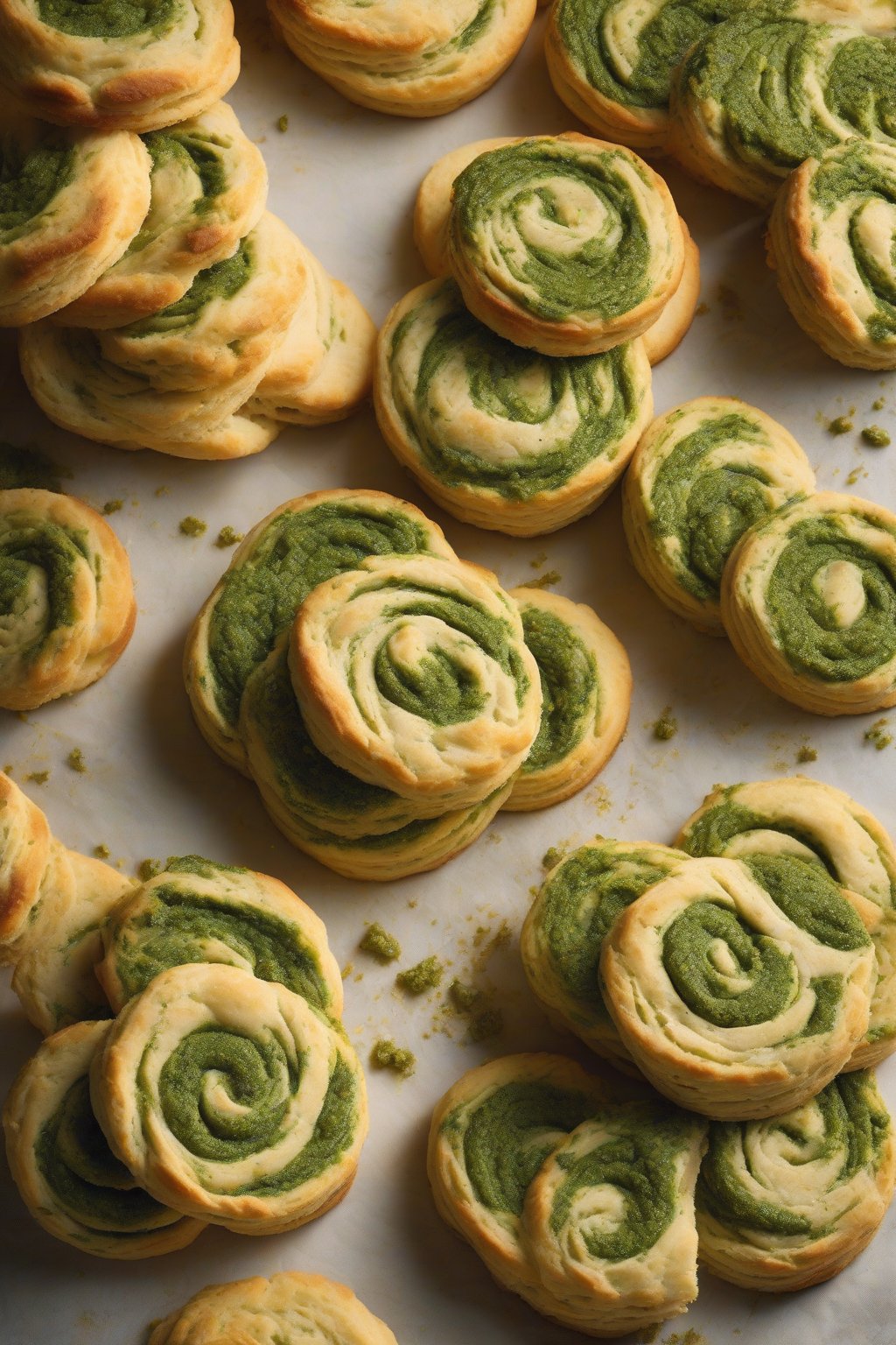 A high-resolution photo of pesto-swirled biscuits, green pesto ribbon through golden layers, sliced open under soft lighting.