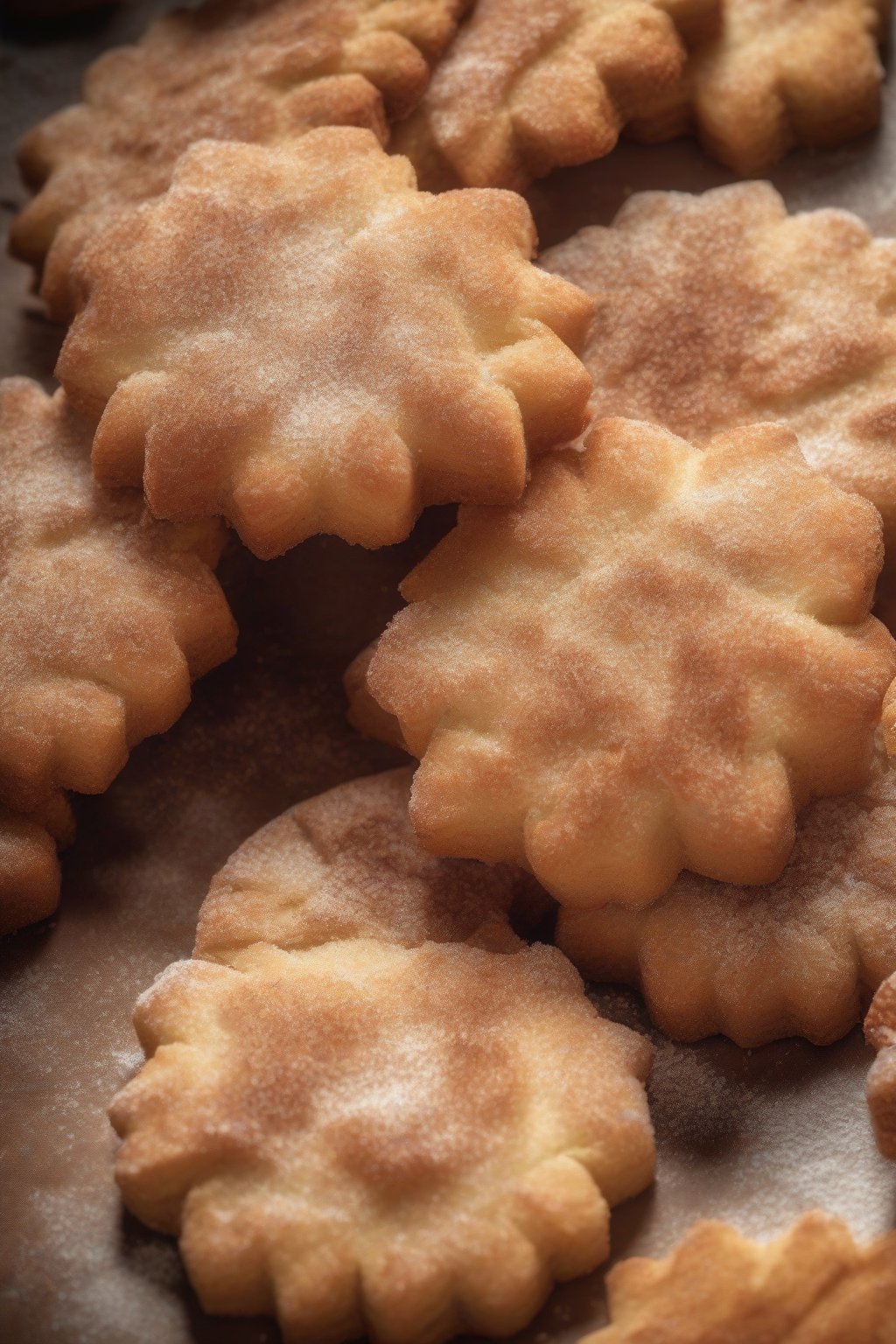 A high-resolution close-up photo of cinnamon sugar-coated biscuits, sugary crust and soft flaky interior revealed, under soft lighting.
