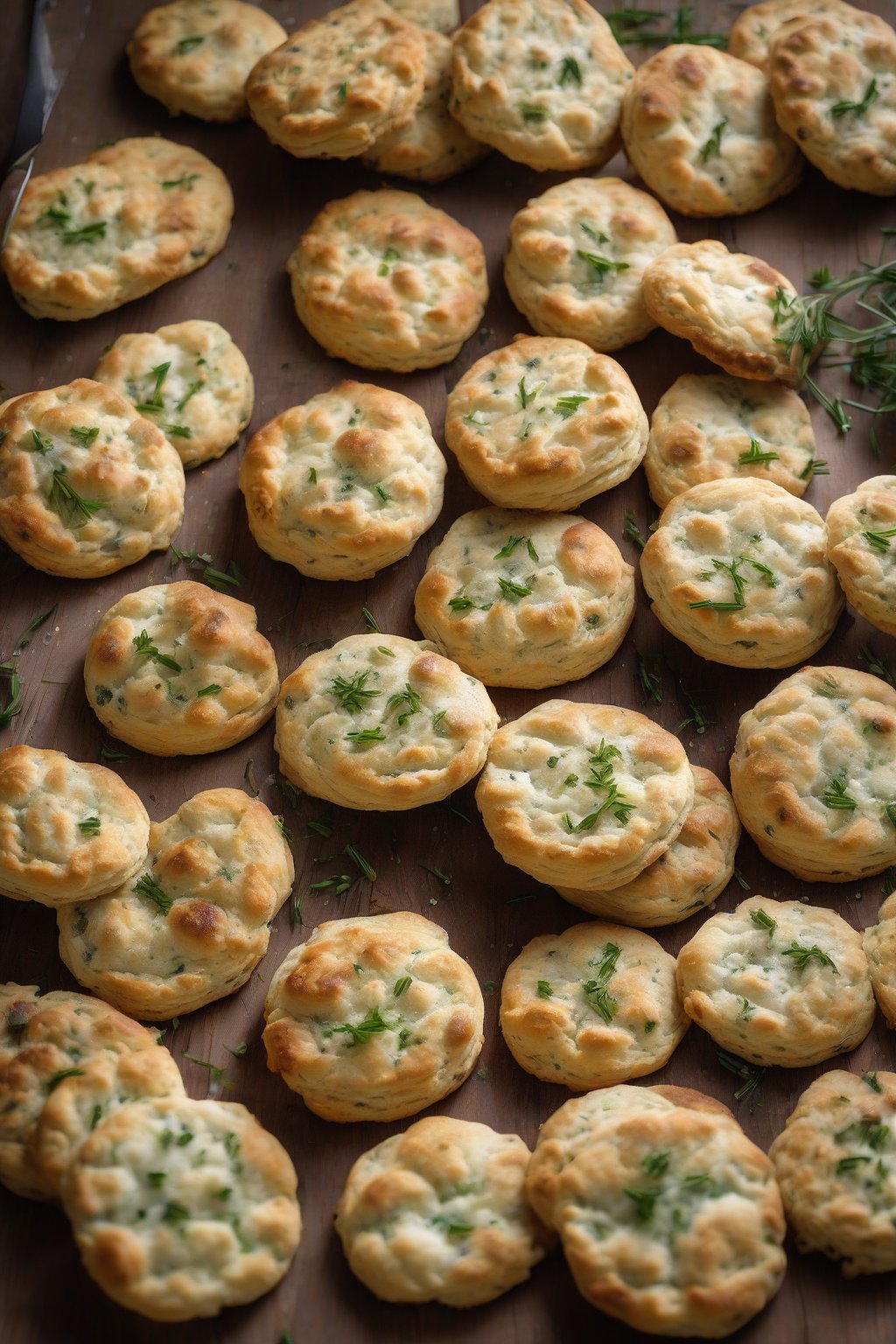 A high-resolution photo of chive-flecked onion biscuits, green specks dotting tall flaky rounds, on a wooden table under soft lighting.