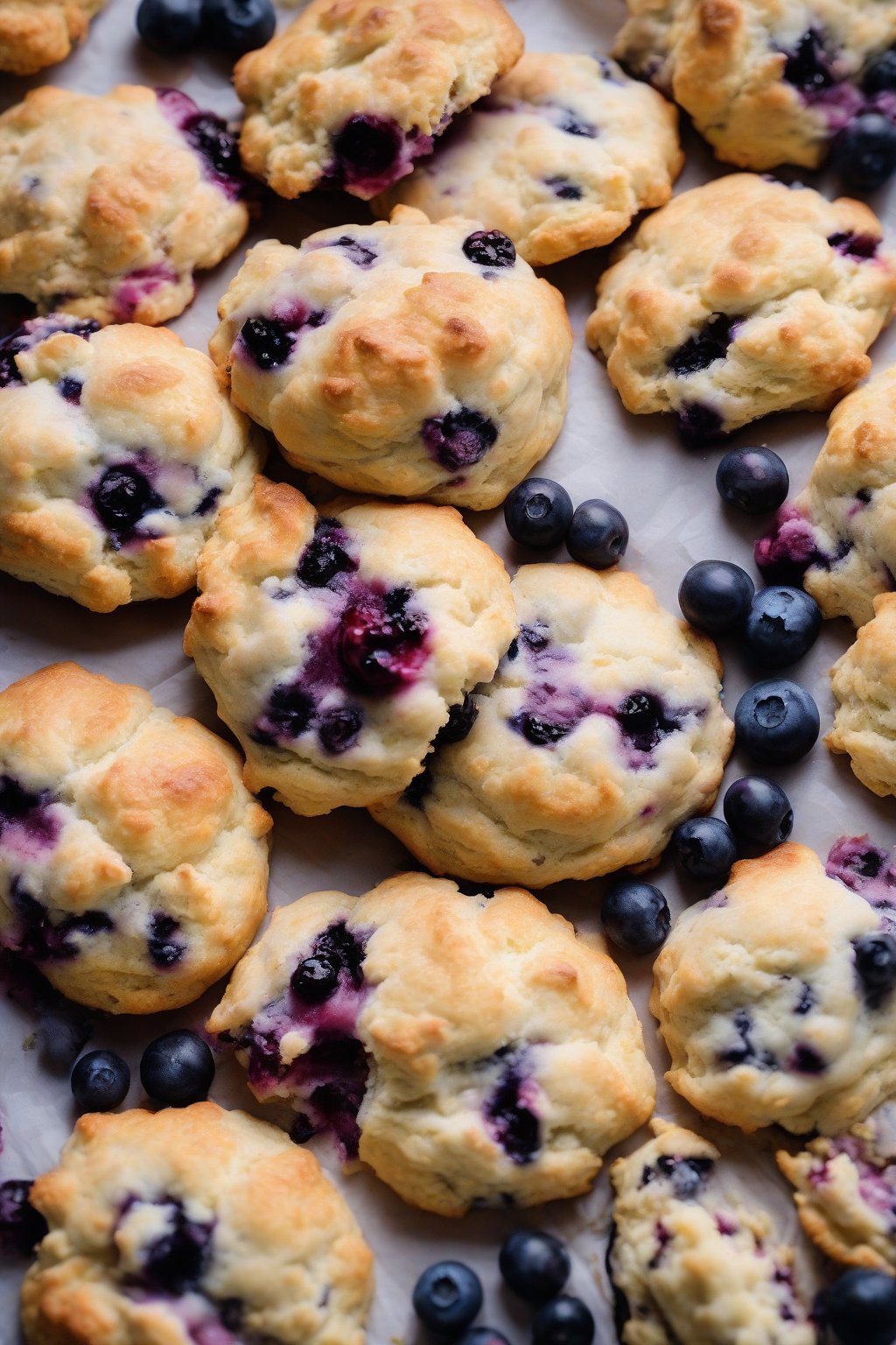 A high-resolution close-up photo of lemon blueberry drop biscuits, purple berries peeking from flaky tops, under soft lighting.