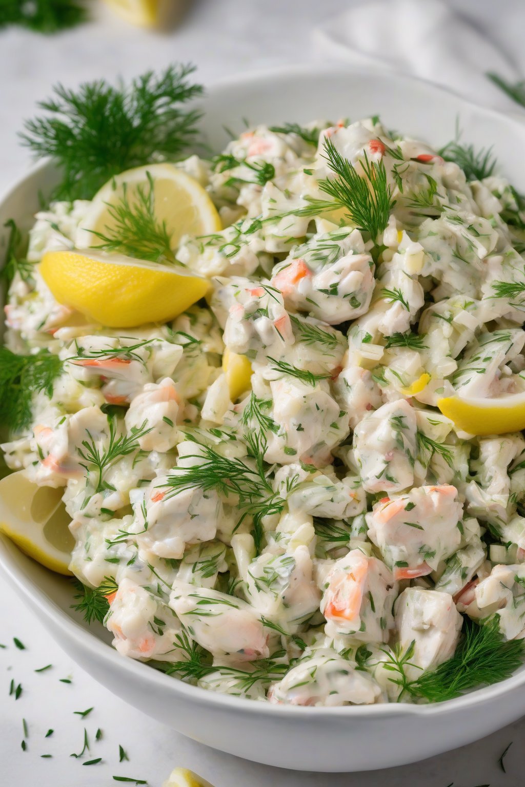 A high-resolution photo of a vibrant classic lemon-dill crab salad served in a white bowl with lemon wedges and fresh dill garnish, under soft lighting.