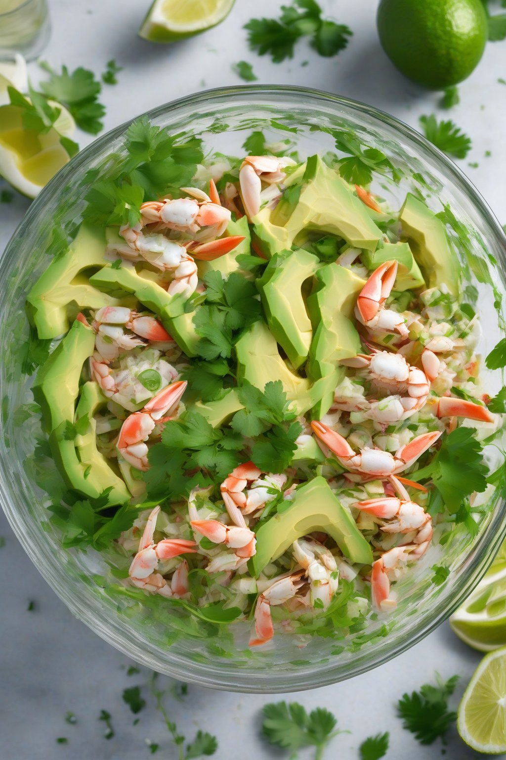 A high-resolution photo of fresh crab and avocado salad in a glass bowl, topped with lime slices and cilantro, under soft lighting.
