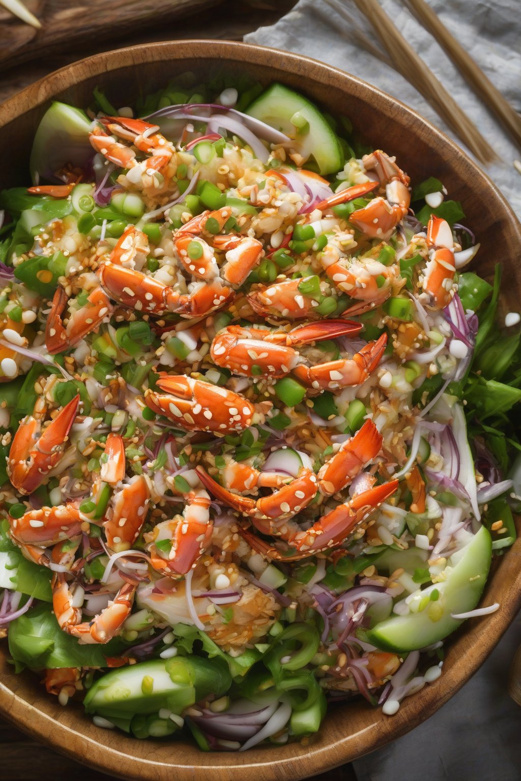 A high-resolution photo of spicy sriracha crab salad in a rustic bowl with sesame seeds and green onions, under soft lighting.
