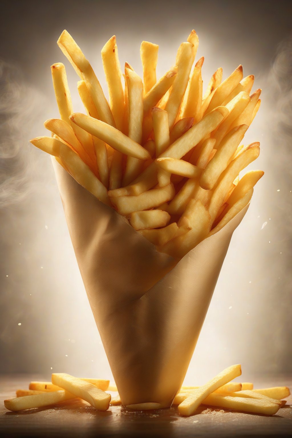 A high-resolution photo of golden classic French fries piled high in a cone, steam rising, under soft lighting.