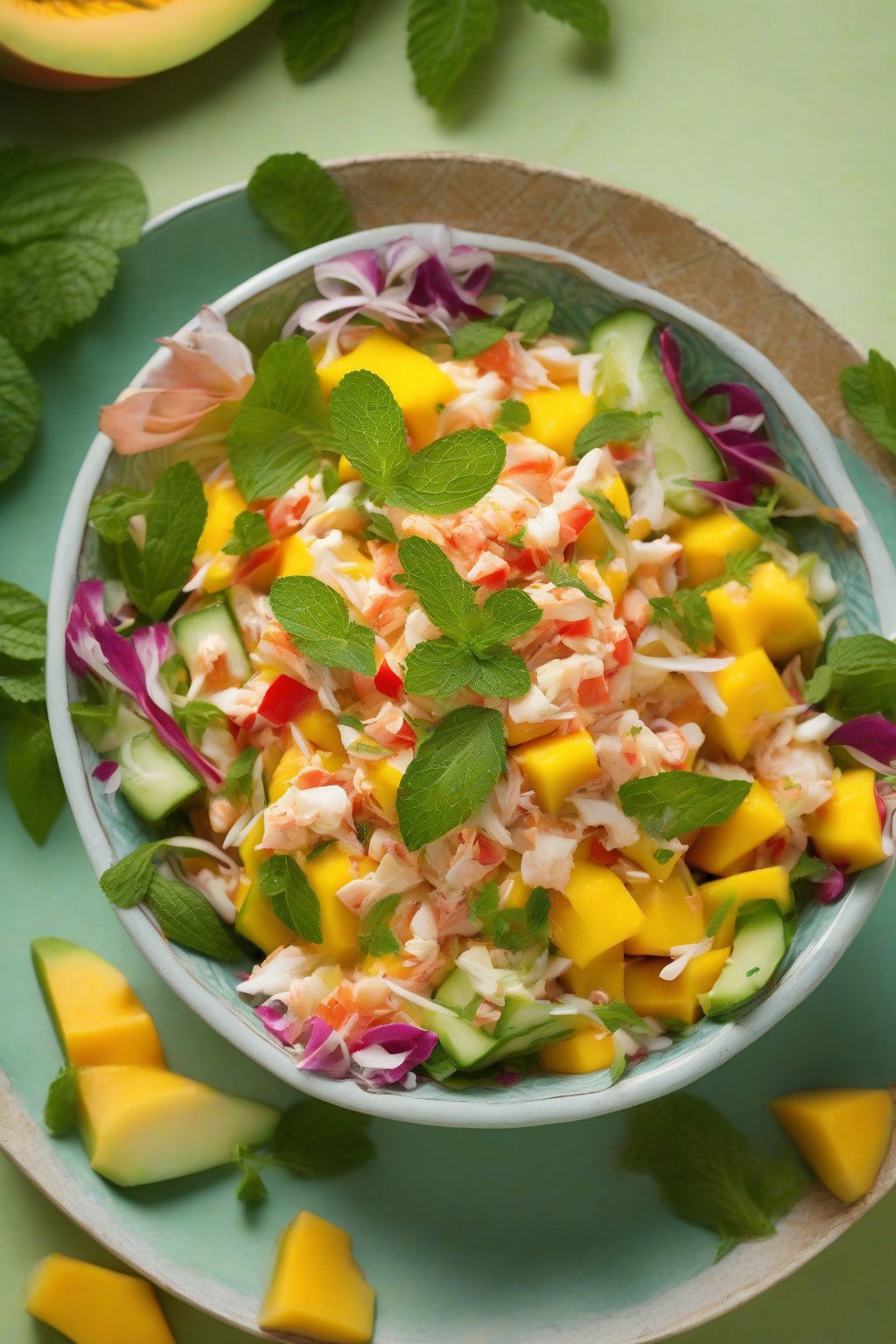 A high-resolution photo of colorful mango-crab salad with mint garnish in a tropical bowl, under soft lighting.