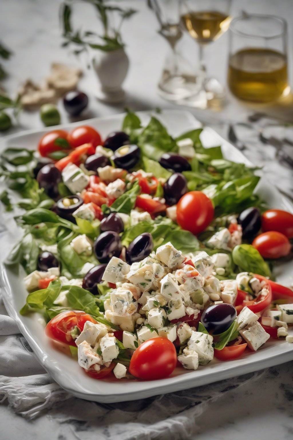 A high-resolution photo of Greek crab feta salad with olives and tomatoes on a platter, under soft lighting.