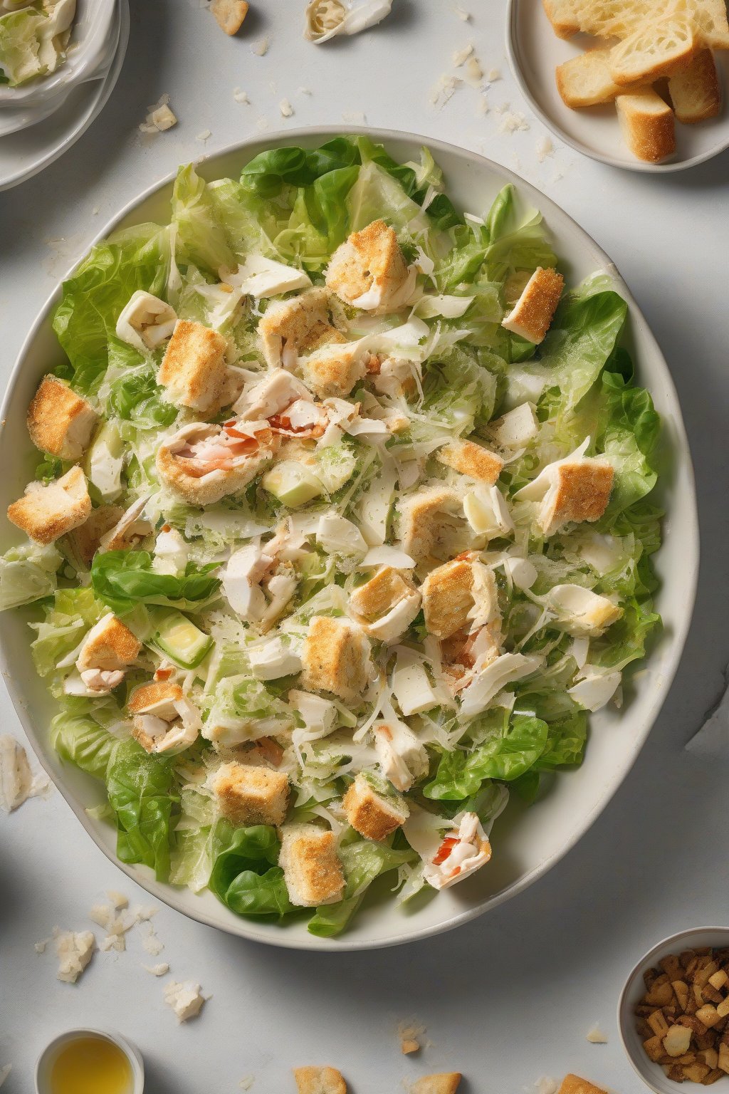 A high-resolution photo of crab Caesar salad in a large bowl with parmesan and croutons, under soft lighting.