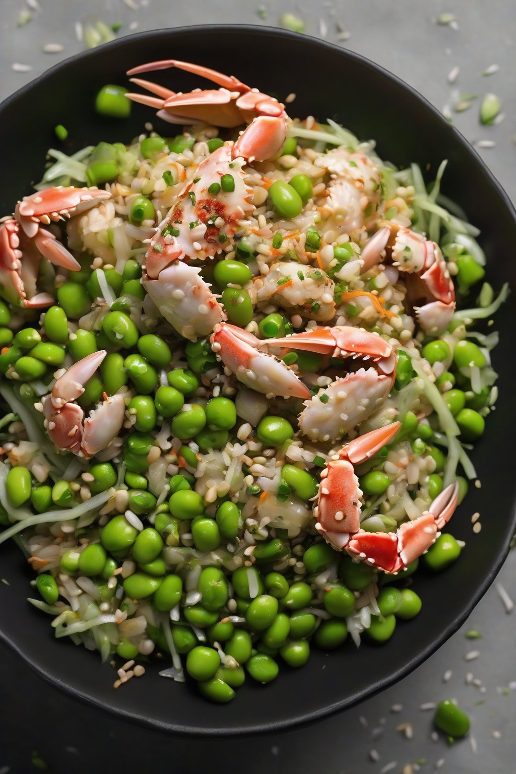 A high-resolution photo of Asian sesame crab salad with edamame and scallions in a black bowl, under soft lighting.