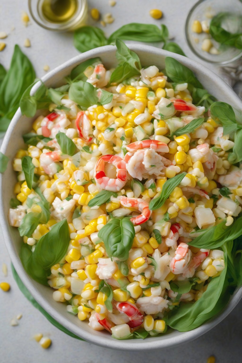A high-resolution photo of corn and crab salad with basil leaves in a summer bowl, under soft lighting.