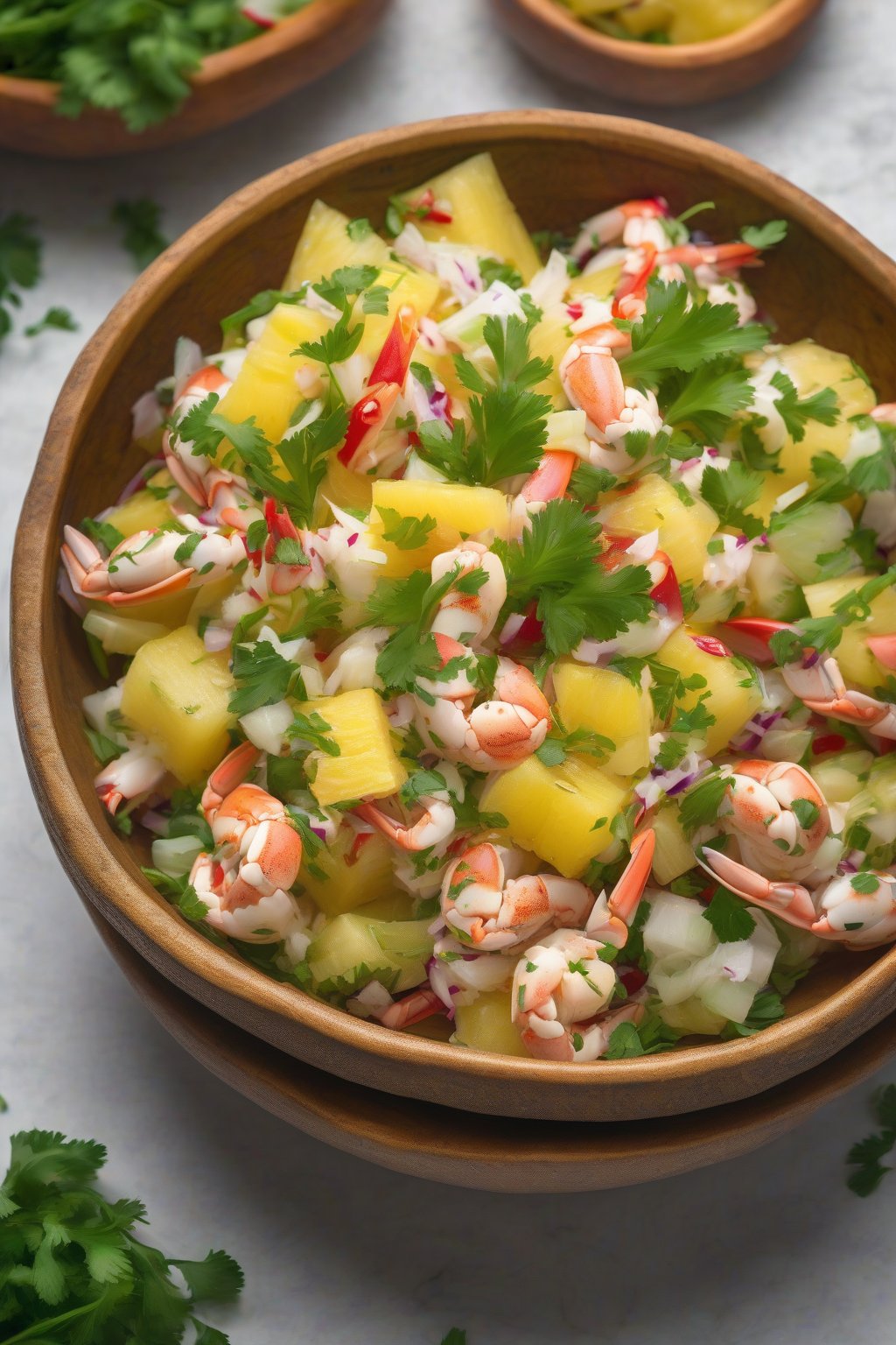 A high-resolution photo of pineapple crab salad topped with cilantro in a vibrant bowl, under soft lighting.